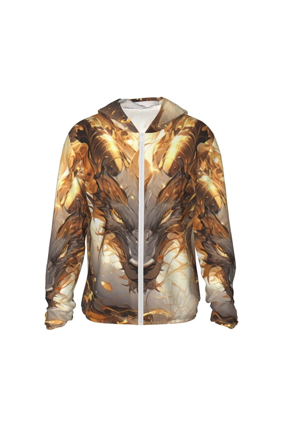 Golden Horned White Dragon Print Women Men Sun Protection UPF 50+ Jackets Zip Up Long Sleeve Hoodie Hiking Lightweight with Pockets