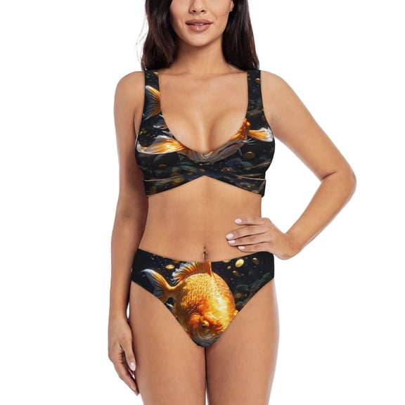 Kdxio Golden Koi And Treasure Print Women's 2 Piece High Waisted Wrap Spaghetti Strap Summer Swimsuit Bikini Set-Medium