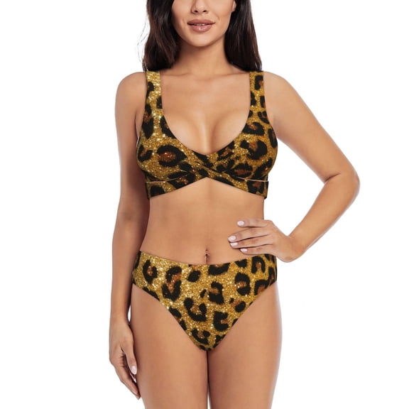 Kdxio Golden Leopard Glitter Print Women's 2 Piece High Waisted Wrap Spaghetti Strap Summer Swimsuit Bikini Set-Medium