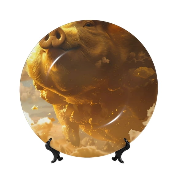 Kdxio Golden Pig Cloud Fantasy Bone China Decorative Plate Ceramic Decorative Plate for Home Office Wall Stand Decorative Plates for Home Bedroom-7in