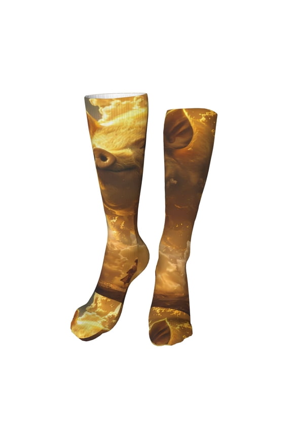 Golden Pig Cloud Fantasy Funny Silky Novelty Funky Long Knee High Socks Soft 3D Print Cosplay Crazy Stockings for Men Women