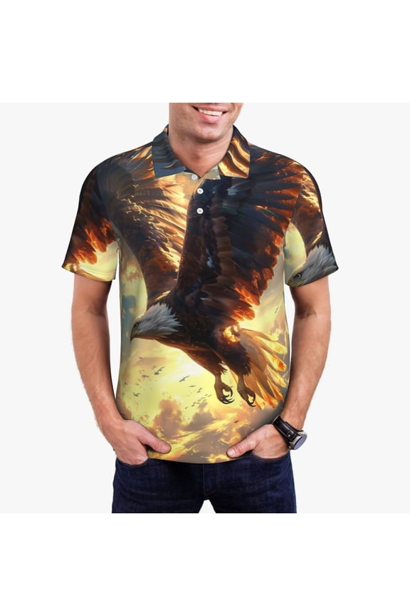 Golden Sky Bald Eagle Print Men's Short Sleeve Polo Shirt,Midweight Men's Shirt