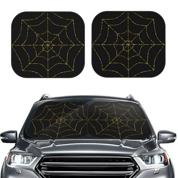 Kdxio Golden Spider Web Print 2-Piece Sun Shade Front Windshield - Foldable Car Front Window Sunshades for Most Sedans SUV Truck