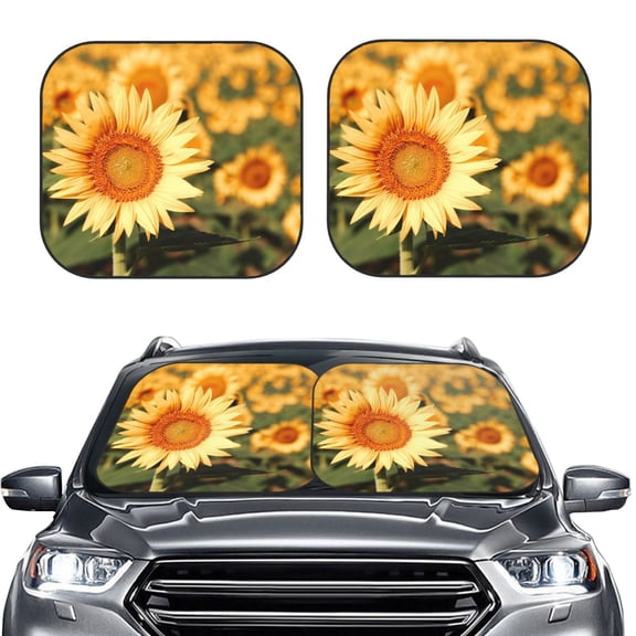 Kdxio Golden Sunflower In Field Print 2-Piece Sun Shade Front Windshield - Foldable Car Front Window Sunshades for Most Sedans SUV Truck