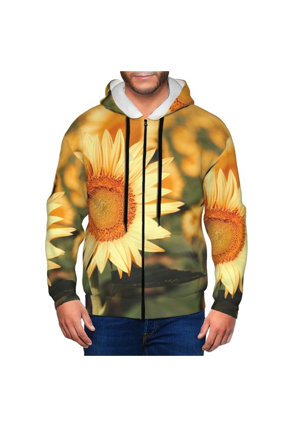 Golden Sunflower In Field Print Men Hoodies Casual Hoodies for Men with Zip Pockets Full Zip Long Sleeve Sweatshirt Sports Hooded Jacket-Large