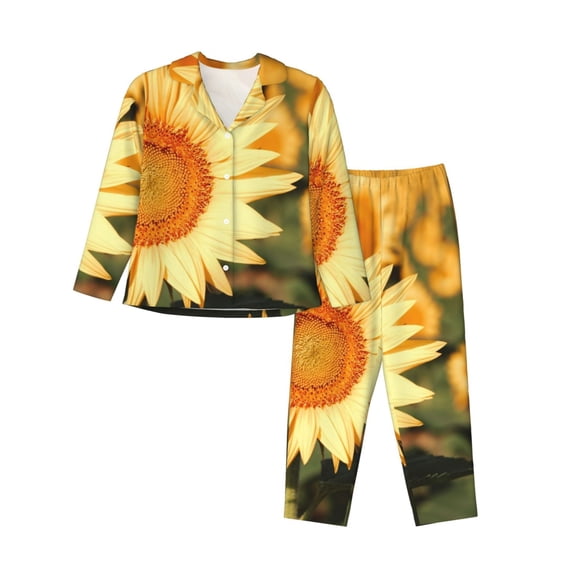Kdxio Golden Sunflower In Field Women's Pajama Sets Long Sleeve Button Down Sleepwear Nightwear Soft Pjs Lounge Sets-Large