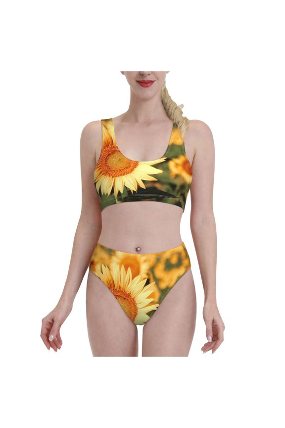 Golden Sunflower In Field for Womens High Waisted Bikini Top Sports Style Two Piece Bathing Suits