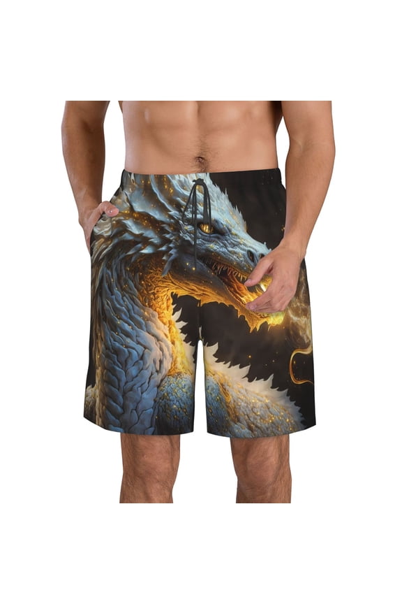 Golden White Fire Dragon Pattern Mens Casual Shorts - Drawstring Summer Beach Sports Shorts for Men