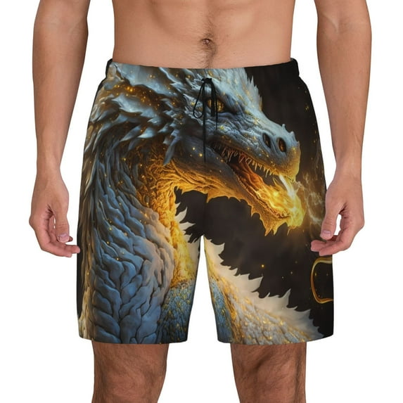 Kdxio Golden White Fire Dragon Print Men's Swim Trunks with Compression Liner 7 Inch Inseam Quick Dry Swim Shorts