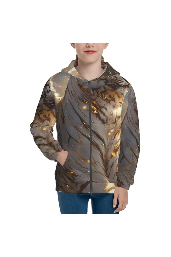 Golden White Tiger Pattern Kids Boys Girls Zip Up Hoodie 3D Printed Hooded Sweatshirt Hoody Coat with Pocket 7-12 Y-Small
