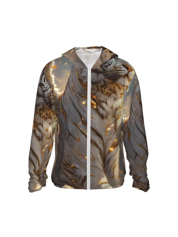Golden White Tiger Print Women Men Sun Protection UPF 50+ Jackets Zip Up Long Sleeve Hoodie Hiking Lightweight with Pockets