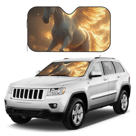 Kdxio Golden Winged White Horse Print Windshield Sun Shade, Foldable Sun Blocker for Car,Truck,SUV Automotive Interior Sun Protection,Reflective Shade for Front Windshield(Medium)