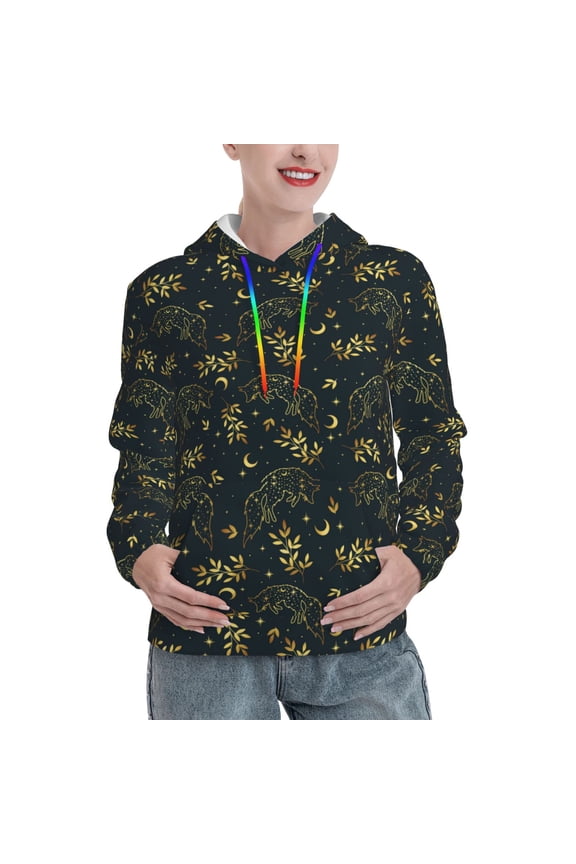 Golden line fox Print Womens Oversized Hoodies Sweatshirts Hooded Pullover Tops Sweaters Casual-X-Large