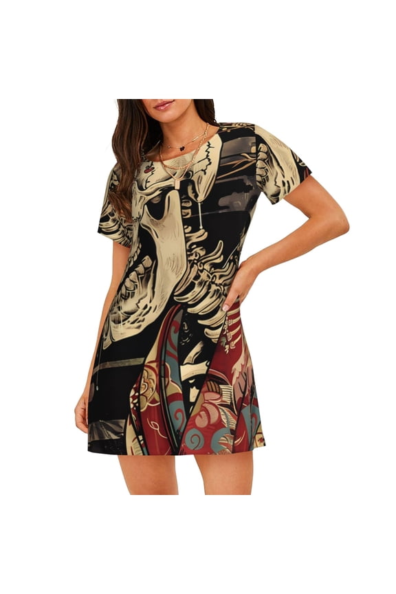 Gothic Eastern Floral Skull Pattern Womens Short Sleeve Sleepshirt Scoopneck Cute Nightdress Ruffle Comfy Nightgown