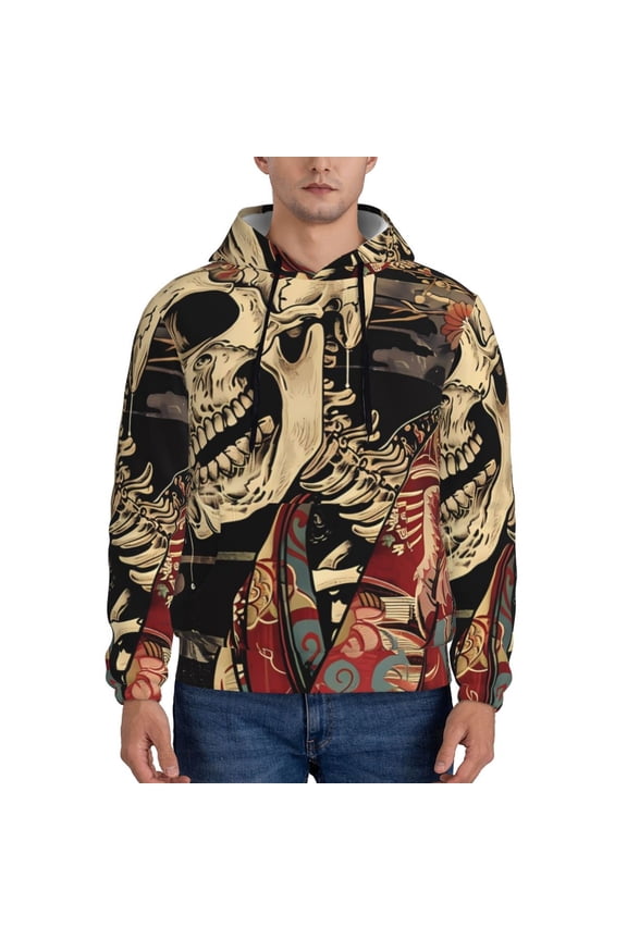 Gothic Eastern Floral Skull Print Mens Casual Hooded Collar Drawstring Hoodies Pullover Sweatshirts Casual Long Sleeve Shirts-X-Large