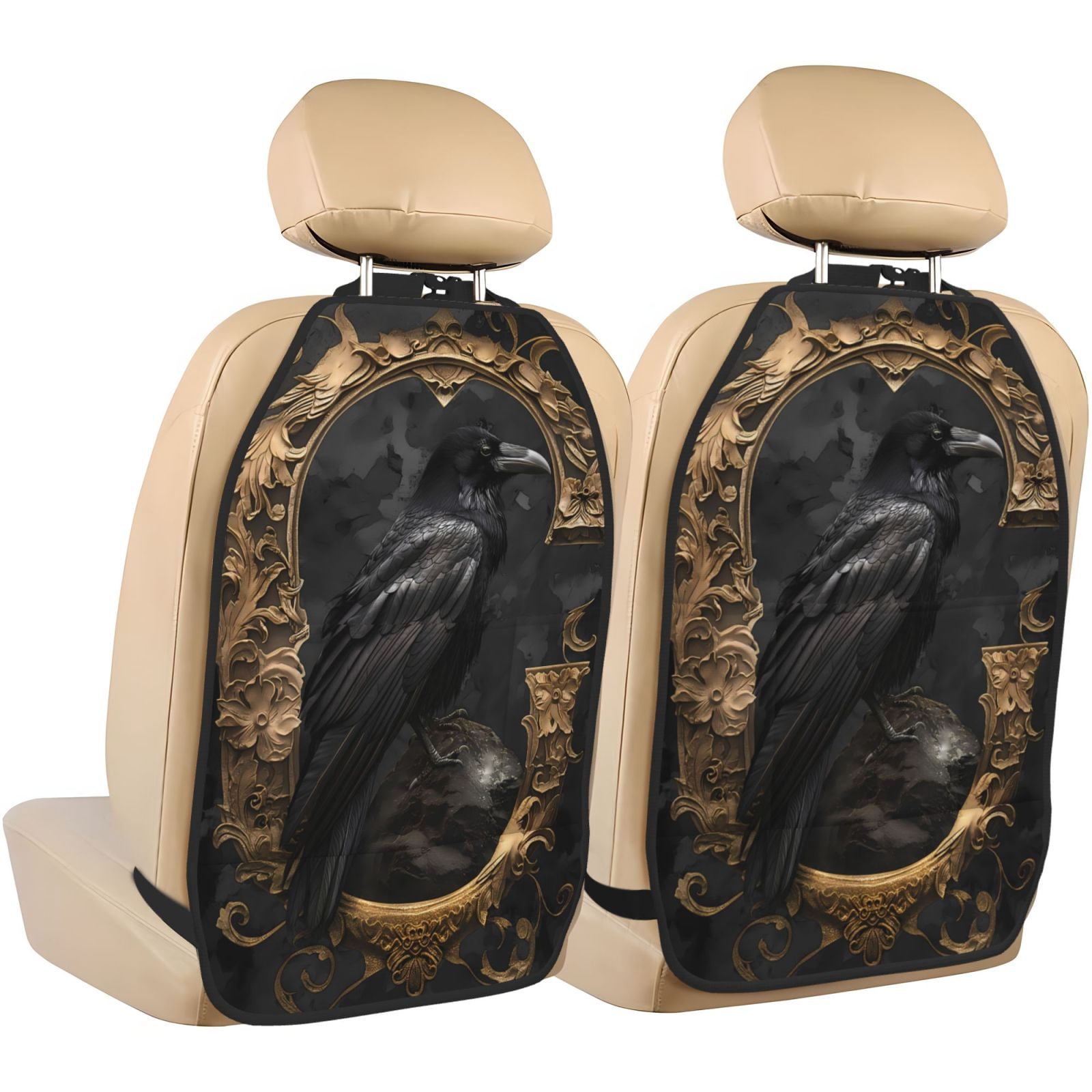Kdxio Gothic Raven Portrait Print 2 Pack Car Kick Mat Seat Cover Back Protector Mat with Pockets for Organizer Backseat Protector and Storage Anti Kick Pad for Vehicles