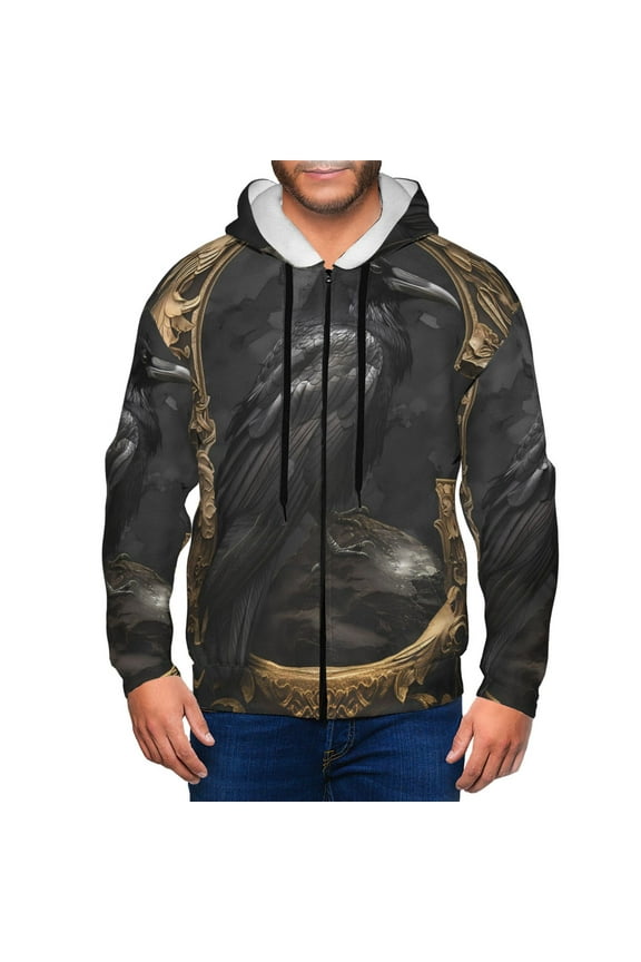Gothic Raven Portrait Print Men Hoodies Casual Hoodies for Men with Zip Pockets Full Zip Long Sleeve Sweatshirt Sports Hooded Jacket-Small