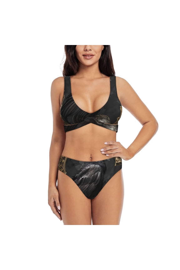 Gothic Raven Portrait Print Women's 2 Piece High Waisted Wrap Spaghetti Strap Summer Swimsuit Bikini Set-Medium