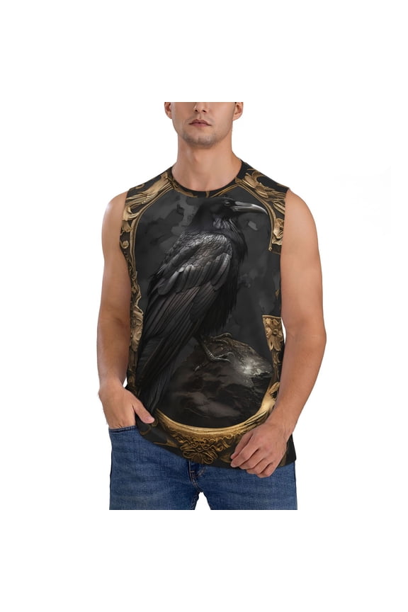 Gothic Raven Portrait for Men's Muscle T-shirt,Sleeveless for Workout Running Athletic Gym Lounge Casual