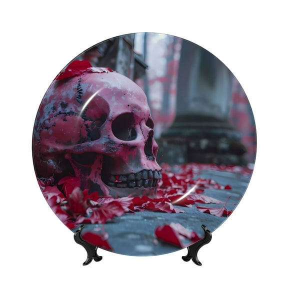 Kdxio Gothic Red Skull Cemetery Bone China Decorative Plate Ceramic Decorative Plate for Home Office Wall Stand Decorative Plates for Home Bedroom-7in