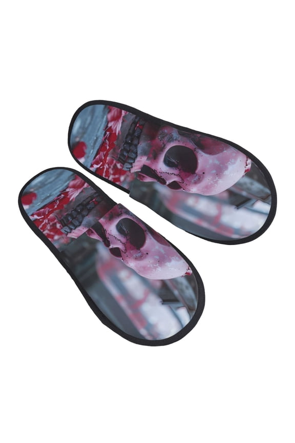 Gothic Red Skull Cemetery Pattern Slippers for Women Memory Foam Fuzzy House Slippers Bedroom Non-slip Warm Womens Slippers