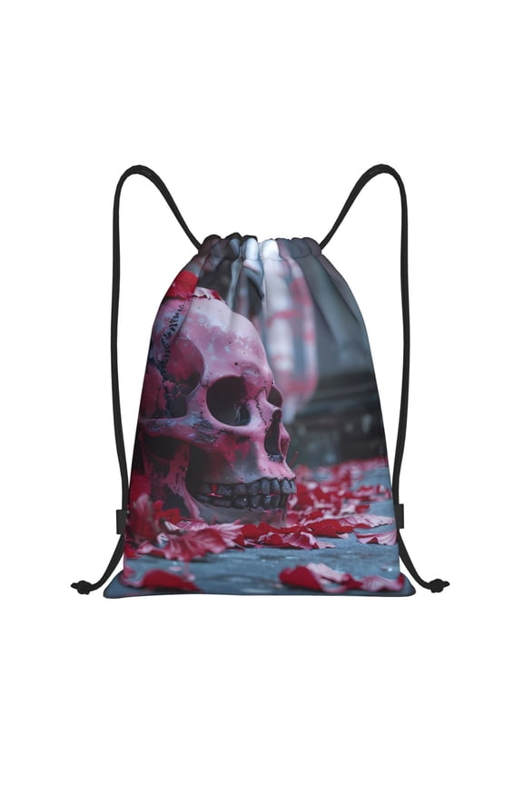 Gothic Red Skull Cemetery Print Drawstring Backpack Bag,Waterproof Draw String Back Sack, Gym Drawstring Bags Swim Bag For Unisex