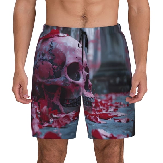 Kdxio Gothic Red Skull Cemetery Print Men's Swim Trunks with Compression Liner 7 Inch Inseam Quick Dry Swim Shorts