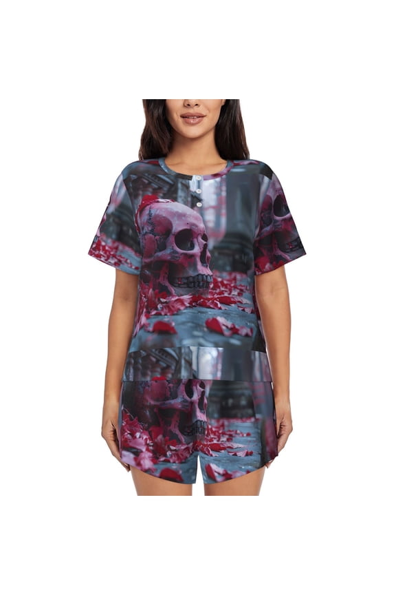 Gothic Red Skull Cemetery Print Pajamas Sets for Women Short-Sleeved Pjs with Lounge Shorts Two Piece Sleepwear S-4XL