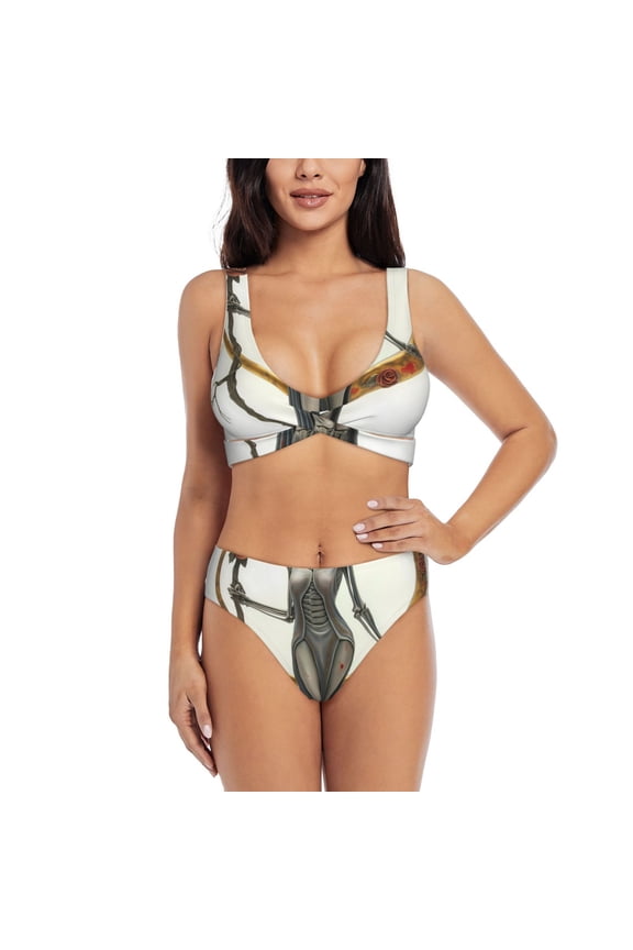 Gothic Skeleton With Roses Print Women's 2 Piece High Waisted Wrap Spaghetti Strap Summer Swimsuit Bikini Set-Medium