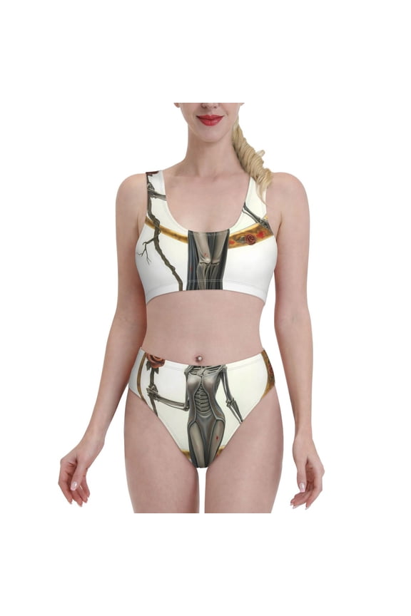 Gothic Skeleton With Roses for Womens High Waisted Bikini Top Sports Style Two Piece Bathing Suits