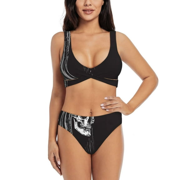 Kdxio Gothic Skull Drape Print Women's 2 Piece High Waisted Wrap Spaghetti Strap Summer Swimsuit Bikini Set-Small