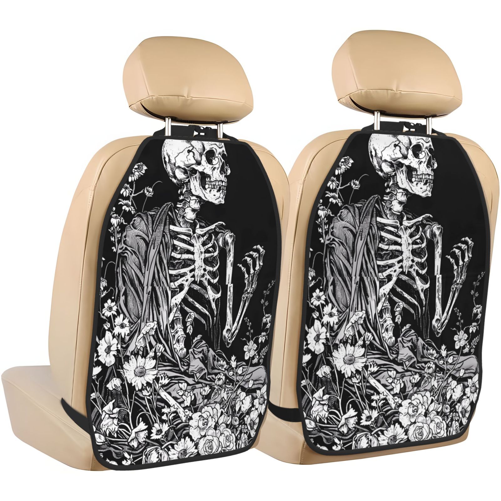 Kdxio Gothic Skull Floral Art Print 2 Pack Car Kick Mat Seat Cover Back Protector Mat with Pockets for Organizer Backseat Protector and Storage Anti Kick Pad for Vehicles