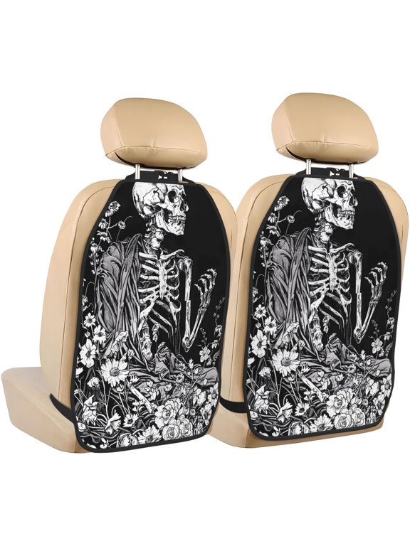Gothic Skull Floral Art Print 2 Pack Car Kick Mat Seat Cover Back Protector Mat with Pockets for Organizer Backseat Protector and Storage Anti Kick Pad for Vehicles