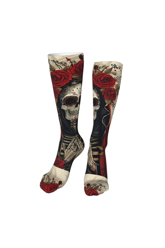 Gothic Skull With Roses Funny Silky Novelty Funky Long Knee High Socks Soft 3D Print Cosplay Crazy Stockings for Men Women