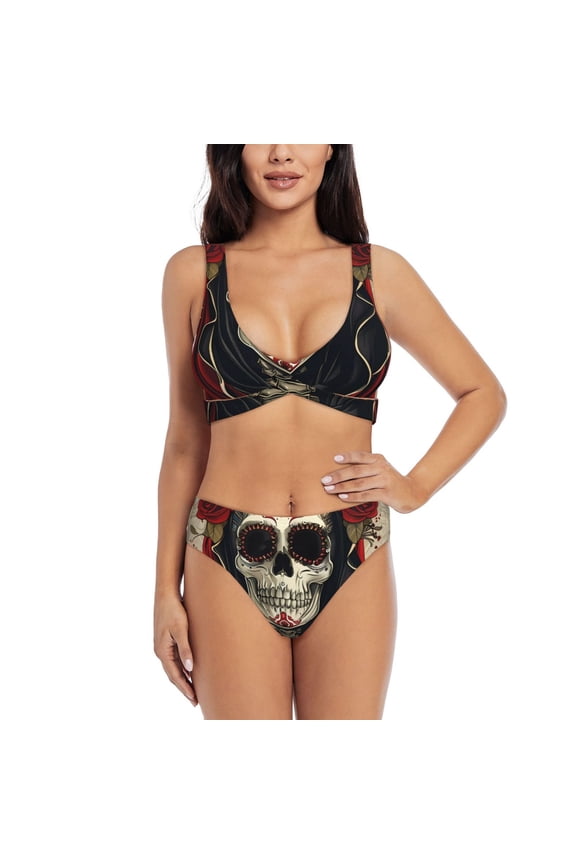 Gothic Skull With Roses Print Women's 2 Piece High Waisted Wrap Spaghetti Strap Summer Swimsuit Bikini Set-Medium