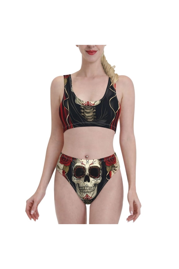 Gothic Skull With Roses for Womens High Waisted Bikini Top Sports Style Two Piece Bathing Suits