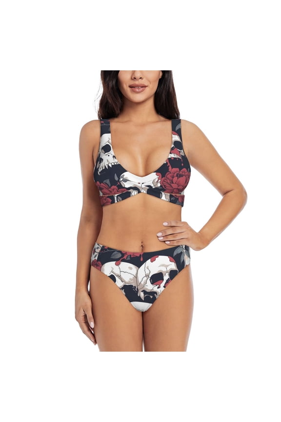 Gothic Skulls And Roses Print Women's 2 Piece High Waisted Wrap Spaghetti Strap Summer Swimsuit Bikini Set-Large