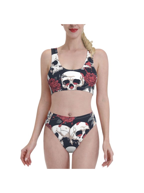 Gothic Skulls And Roses for Womens High Waisted Bikini Top Sports Style Two Piece Bathing Suits