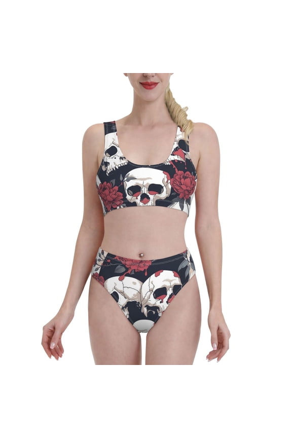 Gothic Skulls And Roses for Womens High Waisted Bikini Top Sports Style Two Piece Bathing Suits