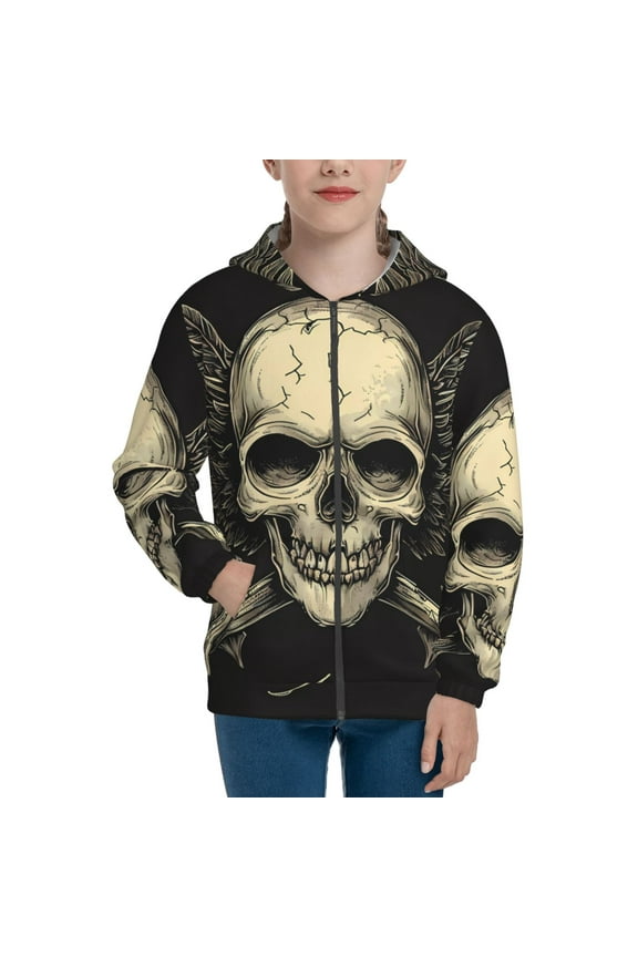 Gothic Winged Skull Pattern Kids Boys Girls Zip Up Hoodie 3D Printed Hooded Sweatshirt Hoody Coat with Pocket 7-12 Y-Small