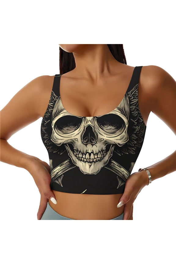 Gothic Winged Skull Print Workout Crop Tank Top for Women Racerback Yoga Tank Tops Athletic Sports Shirts Exercise Undershirts
