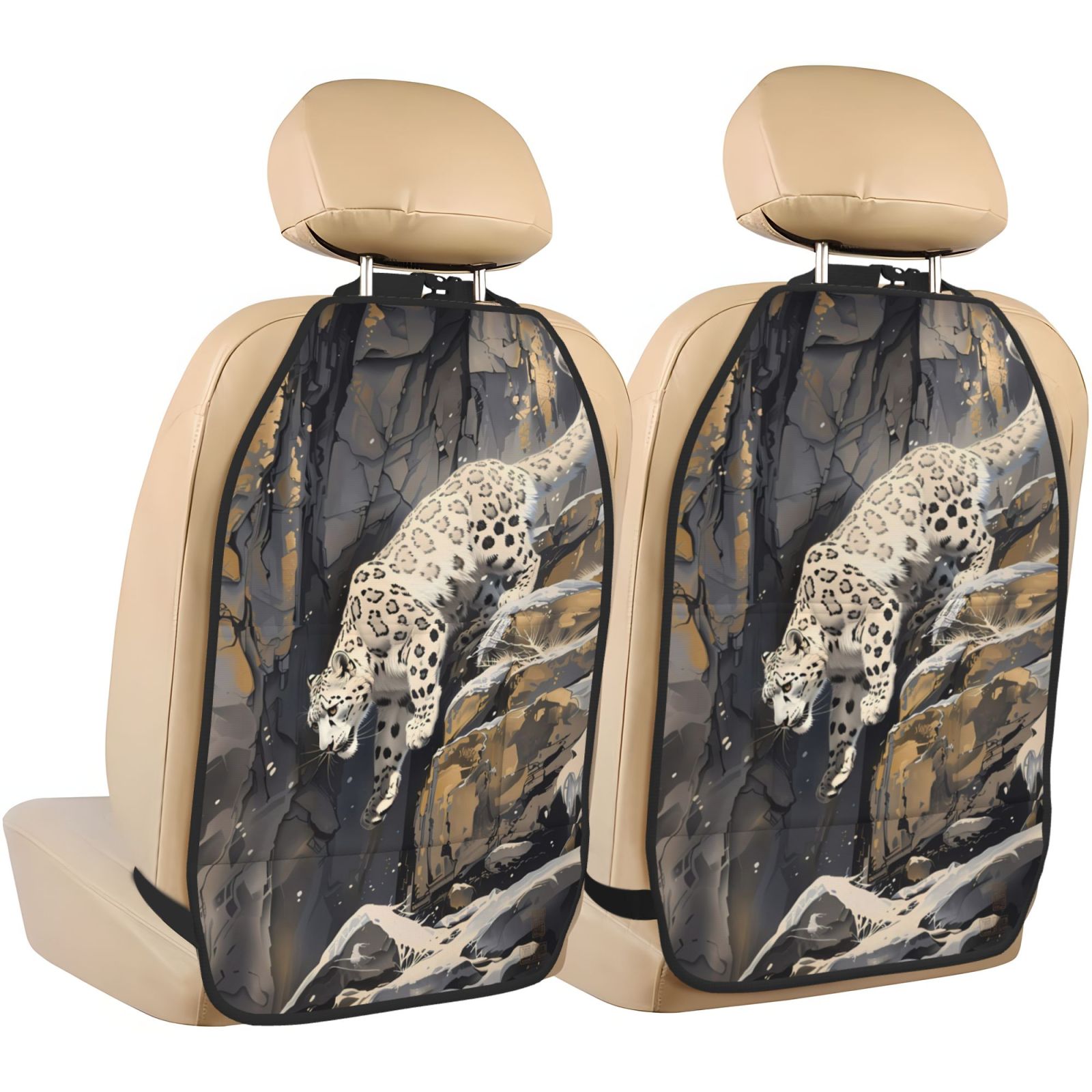 Kdxio Graceful Snow Leopard Print 2 Pack Car Kick Mat Seat Cover Back Protector Mat with Pockets for Organizer Backseat Protector and Storage Anti Kick Pad for Vehicles