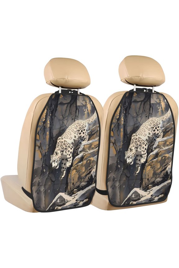 Graceful Snow Leopard Print 2 Pack Car Kick Mat Seat Cover Back Protector Mat with Pockets for Organizer Backseat Protector and Storage Anti Kick Pad for Vehicles
