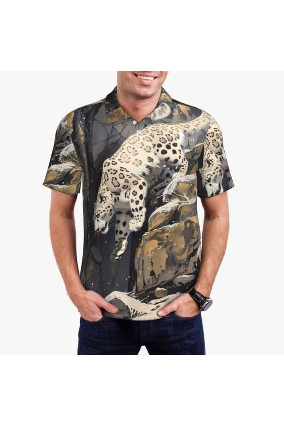 Graceful Snow Leopard Print Men's Short Sleeve Polo Shirt,Midweight Men's Shirt-Large