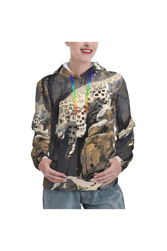 Graceful Snow Leopard Print Womens Oversized Hoodies Sweatshirts Hooded Pullover Tops Sweaters Casual-Medium