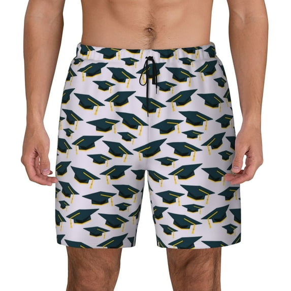 Kdxio Graduation Hats Print Men's Swim Trunks with Compression Liner 7 Inch Inseam Quick Dry Swim Shorts