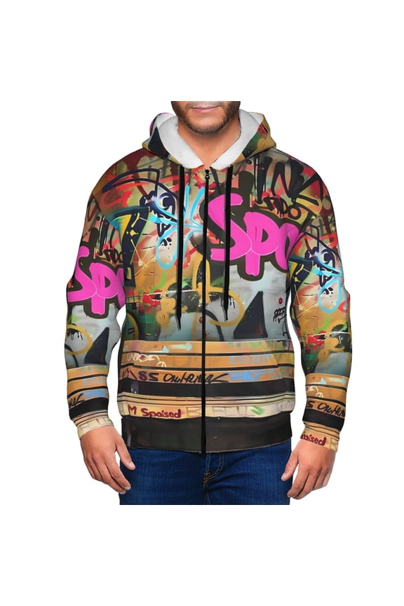 Graffiti Lamp Urban Scene Print Men Hoodies Casual Hoodies for Men with Zip Pockets Full Zip Long Sleeve Sweatshirt Sports Hooded Jacket-Medium