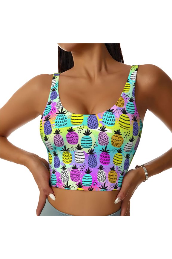 Graffiti Pineapples Print Workout Crop Tank Top for Women Racerback Yoga Tank Tops Athletic Sports Shirts Exercise Undershirts