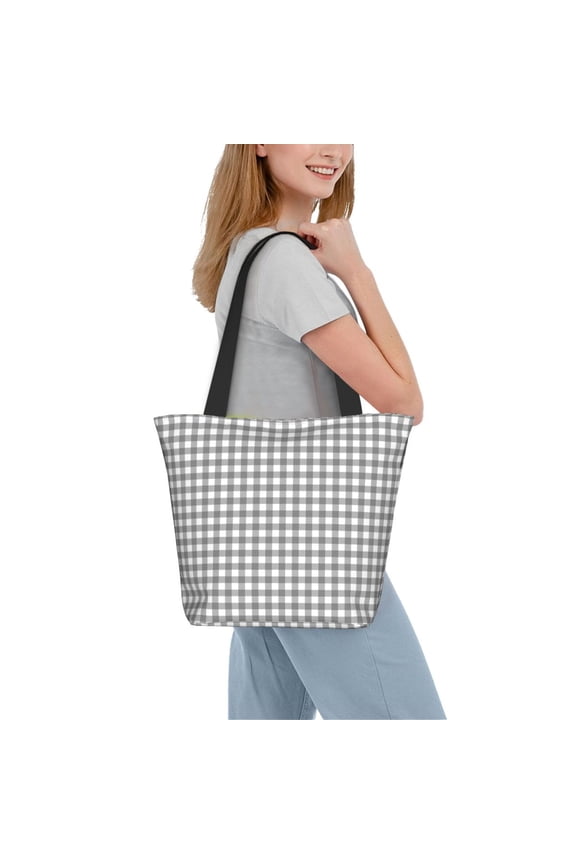 Gray Checkboard Women Reusable Grocery Bags Foldable Ripstop,Reusable Shopping Bags for Shopping,Gym,Gift