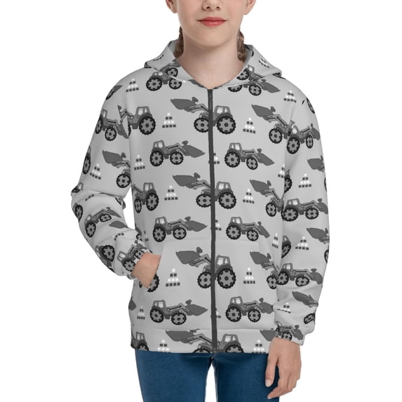 Kdxio Gray Tractor Pattern Kids Boys Girls Zip Up Hoodie 3D Printed Hooded Sweatshirt Hoody Coat with Pocket 7-12 Y-Small